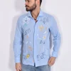 BOB Camicie<Camicia celeste Lop dipinta a mano lino cotone