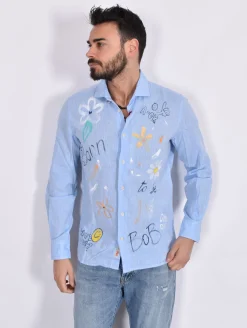BOB Camicie<Camicia celeste Lop dipinta a mano lino cotone