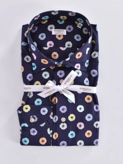 BORRIELLO Camicie<Camicia blu fiori cucita a mano