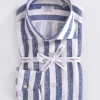 BORRIELLO Camicie<Camicia lino righe larghe blu cucita a mano