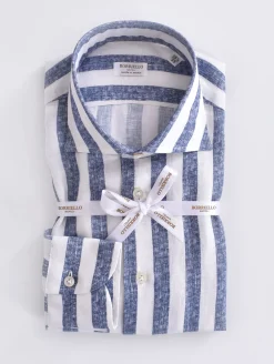BORRIELLO Camicie<Camicia lino righe larghe blu cucita a mano