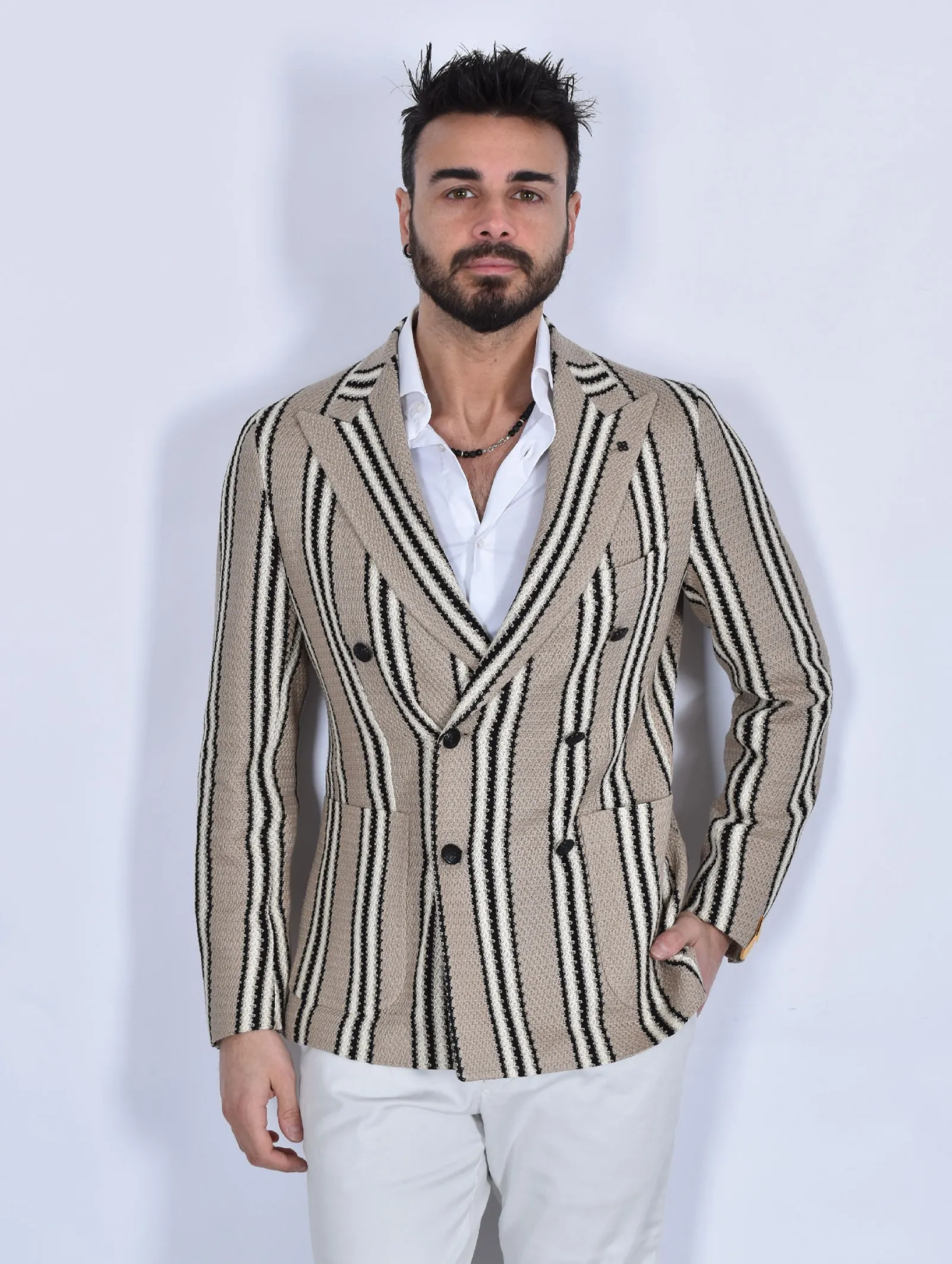 TAGLIATORE Giacche<Giacca doppiopetto maglia beige righe 1SMJ20K
