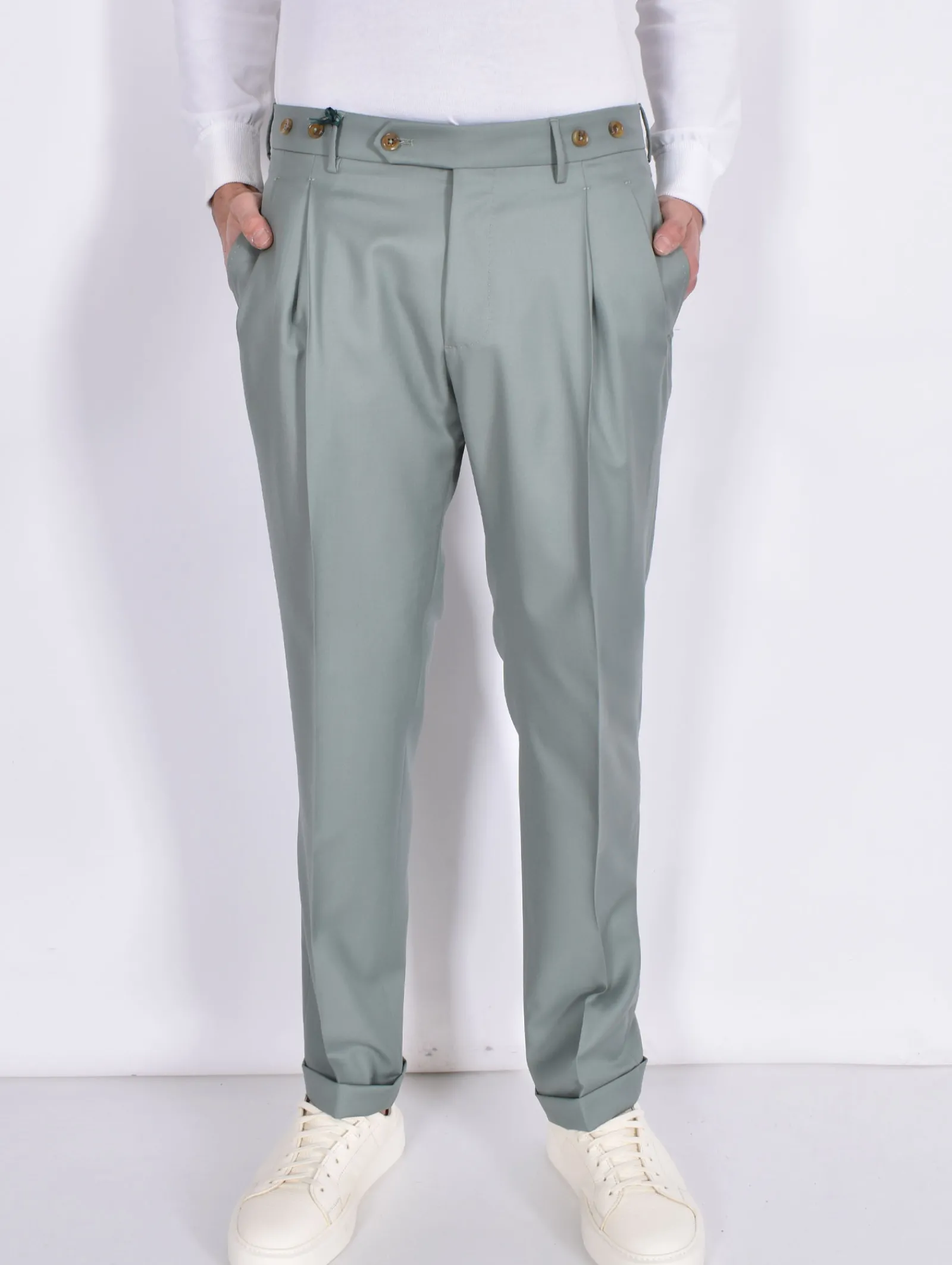 BERWICH Pantaloni<Pantalone italiano risvoltini pinces verde fresco lana Barber
