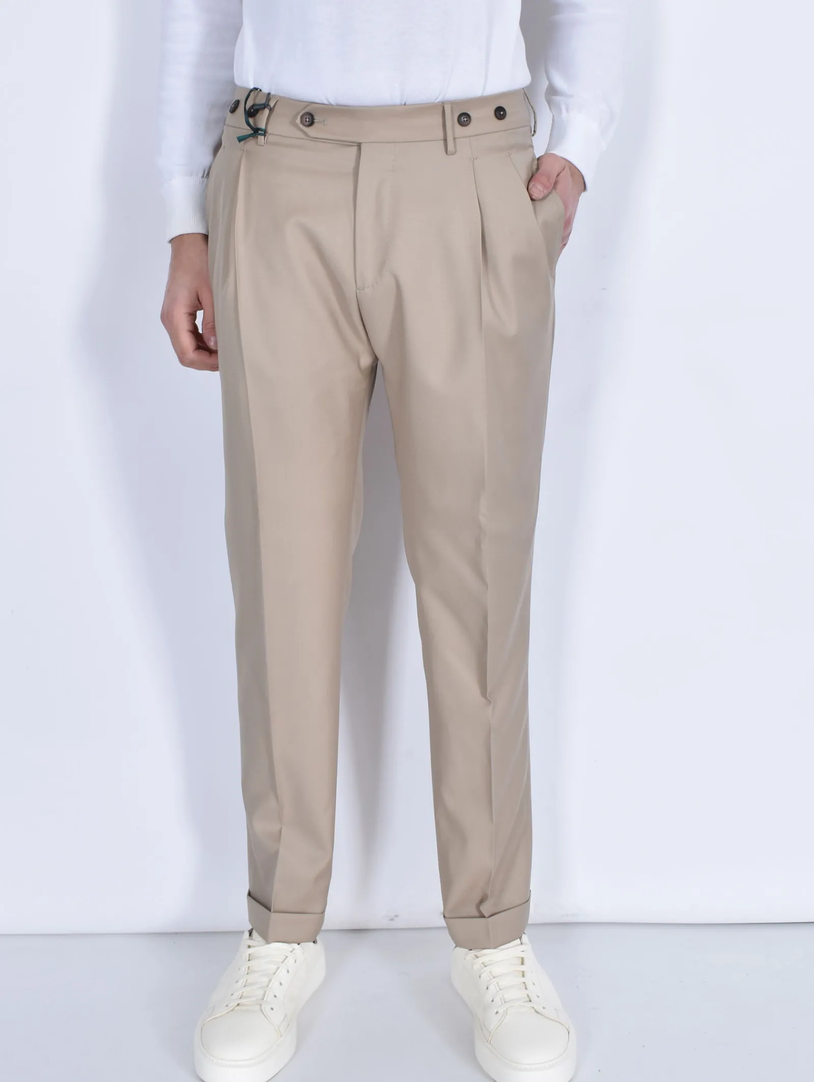BERWICH Pantaloni<Pantalone italiano risvoltini pinces beige fresco lana Barber