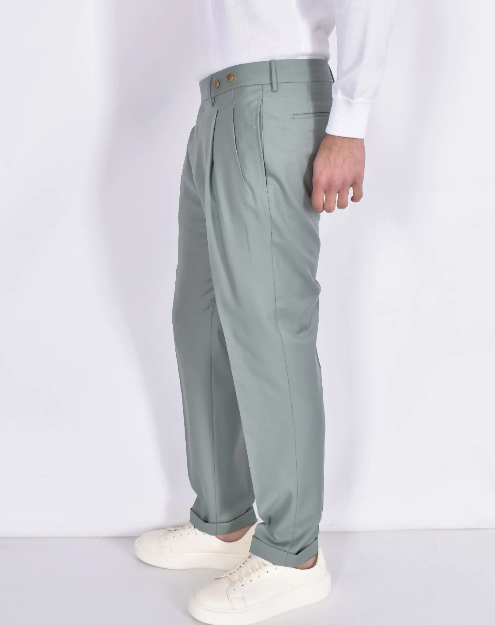 BERWICH Pantaloni<Pantalone italiano risvoltini pinces verde fresco lana Barber