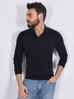 GRAN SASSO Polo<Polo manica lunga scollo V blu notte Athleisure fresco lana