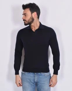 GRAN SASSO Polo<Polo manica lunga scollo V blu notte Athleisure fresco lana