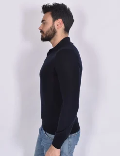 GRAN SASSO Polo<Polo manica lunga scollo V blu notte Athleisure fresco lana